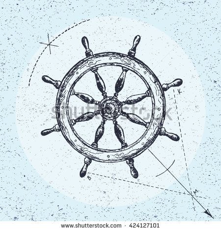 450x470 Hand Drawn Illustration Of Ship's Wheel In Line Art Style