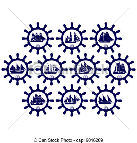 450x470 Sailing Ships And Steering Wheel. Abstract Icons Depicting