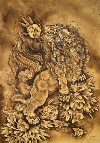 421x600 Lion And His Attendants By Clark North Shisa Dog Canvas Fine Art