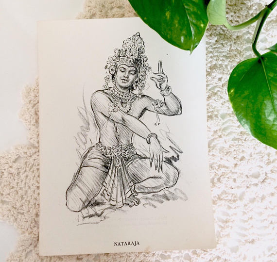 570x540 Vintage Art Print Pencil Sketch Indian God Shiva Nataraja Boho