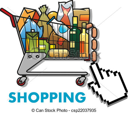450x398 Shopping Cart With Groceries. Colorful Cartoon Shopping Cart