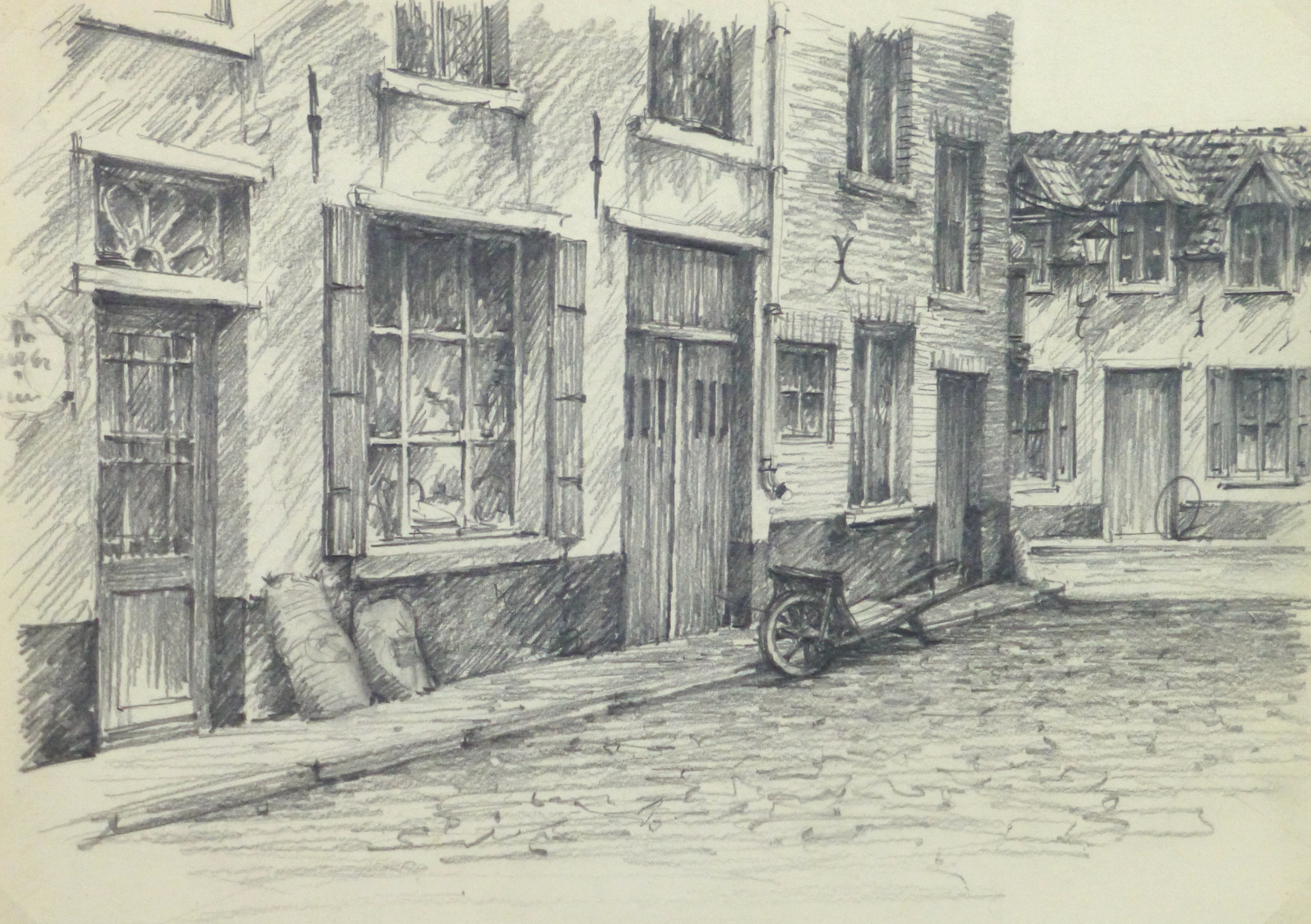 3763x2654 Pencil Drawing Belgium City Shops, Circa 1950