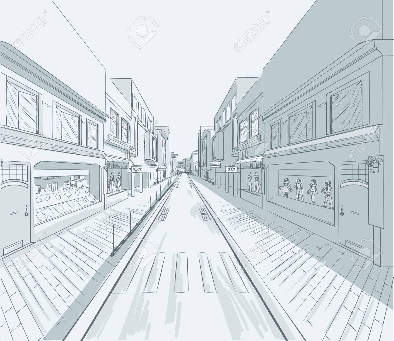 1300x1127 Sketch Of Urban Panorama. Part Of City District, Shopping Street