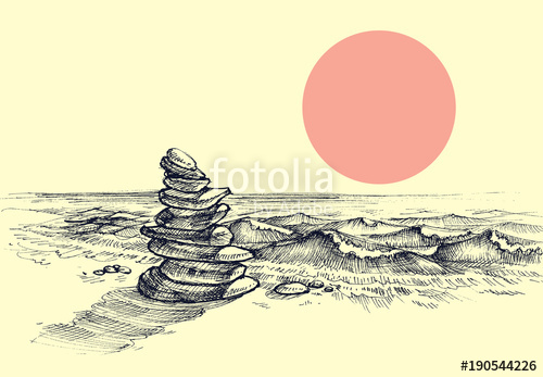 500x347 Zen Stones On The Beach. Beautiful Sea Shore Drawing Stock Image
