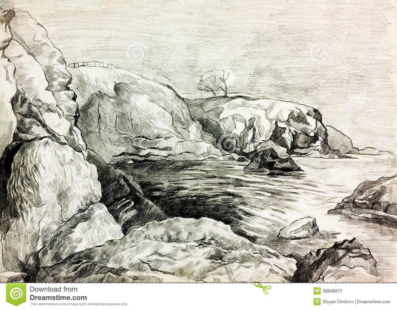 1300x1014 Sketch Of A Quiet Lake Or Ocean And Shore With Trees And Rocks