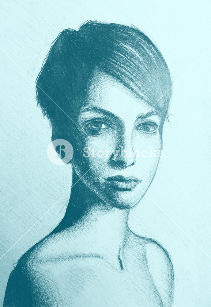 689x1000 Drawing, Portrait Of Beautiful Girl With Short Hair. Illustration