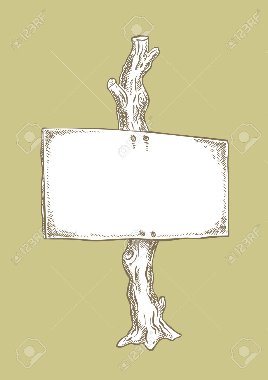 918x1300 Ink Drawing, Signboard On Tree. Drawing Of A Wooden Sign