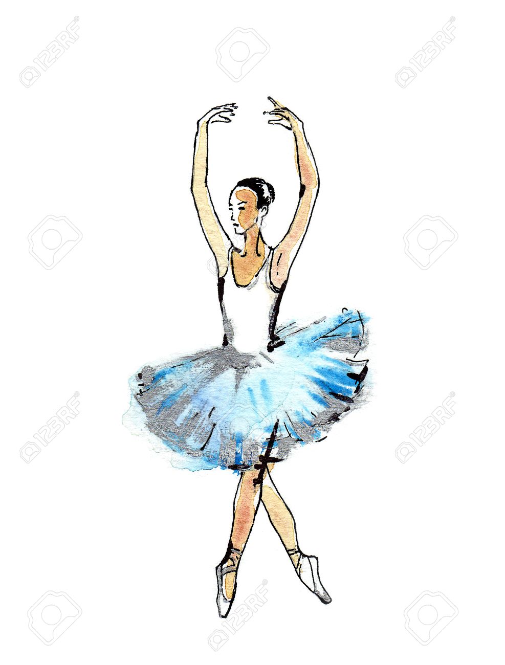 987x1300 Ballet Dancer, Handmade Black And Silver Drawing On A Blue