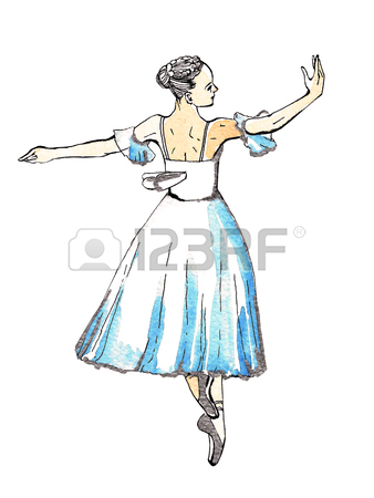 338x450 Ballet Dancer Doing Turns, Black And Silver Drawing On A Blue