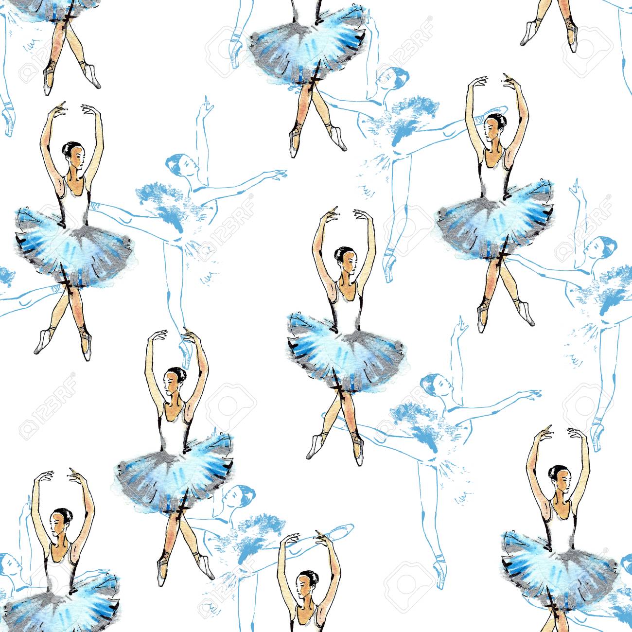 1300x1300 Seamless Pattern Of Ballet Dancers, Black, Blue And Silver Drawing