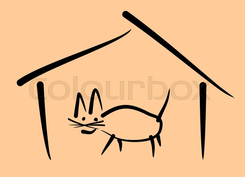 800x577 Simple Minimalist Line Art Drawing Of A Cat In A House Stock