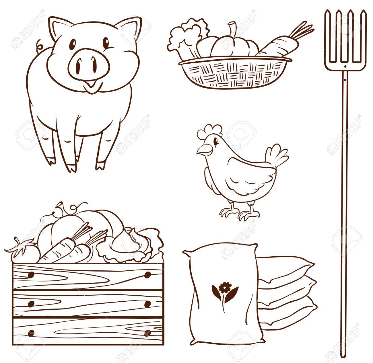 1300x1266 Illustration Of A Simple Sketch Of Farm Animals And
