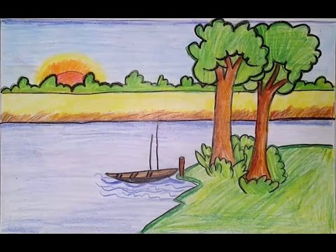480x360 How To Draw A Scenery Of River With Boat A Very Easy Drawing