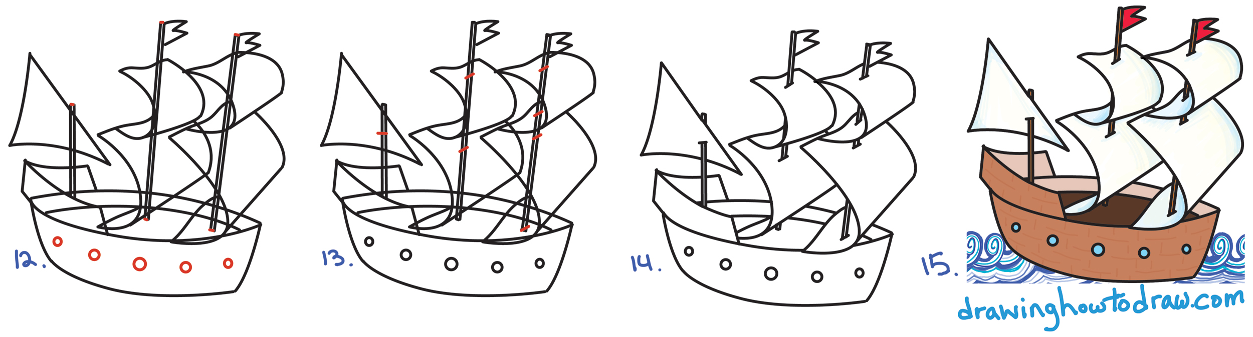 2500x674 How To Draw Cartoon Mayflower Ship For Thanksgiving Easy Step By