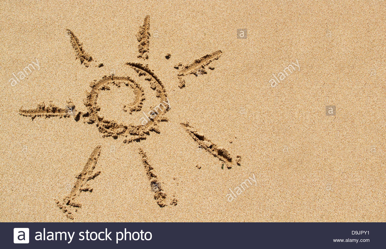 1300x840 Simple Sun Drawing In The Sand On The Beach Stock Photo 57576149