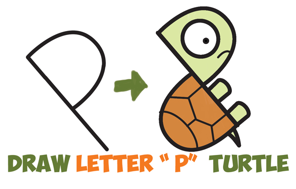 600x383 How To Draw A Cute Cartoon Turtle From Letter P Shapes Easy Step