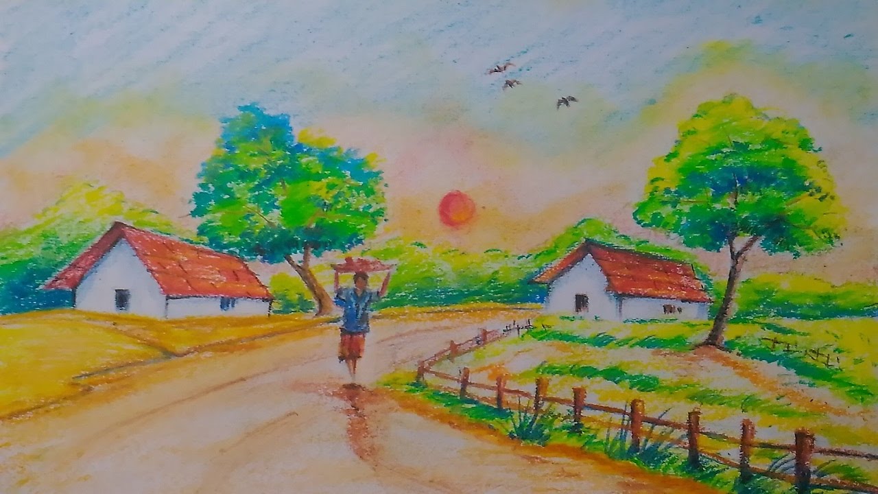 1280x720 Village Scenery Drawing For Kids In Simple Steps