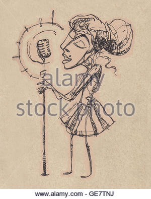 300x395 Singing Woman With Microphone, Drawing Stock Vector Art
