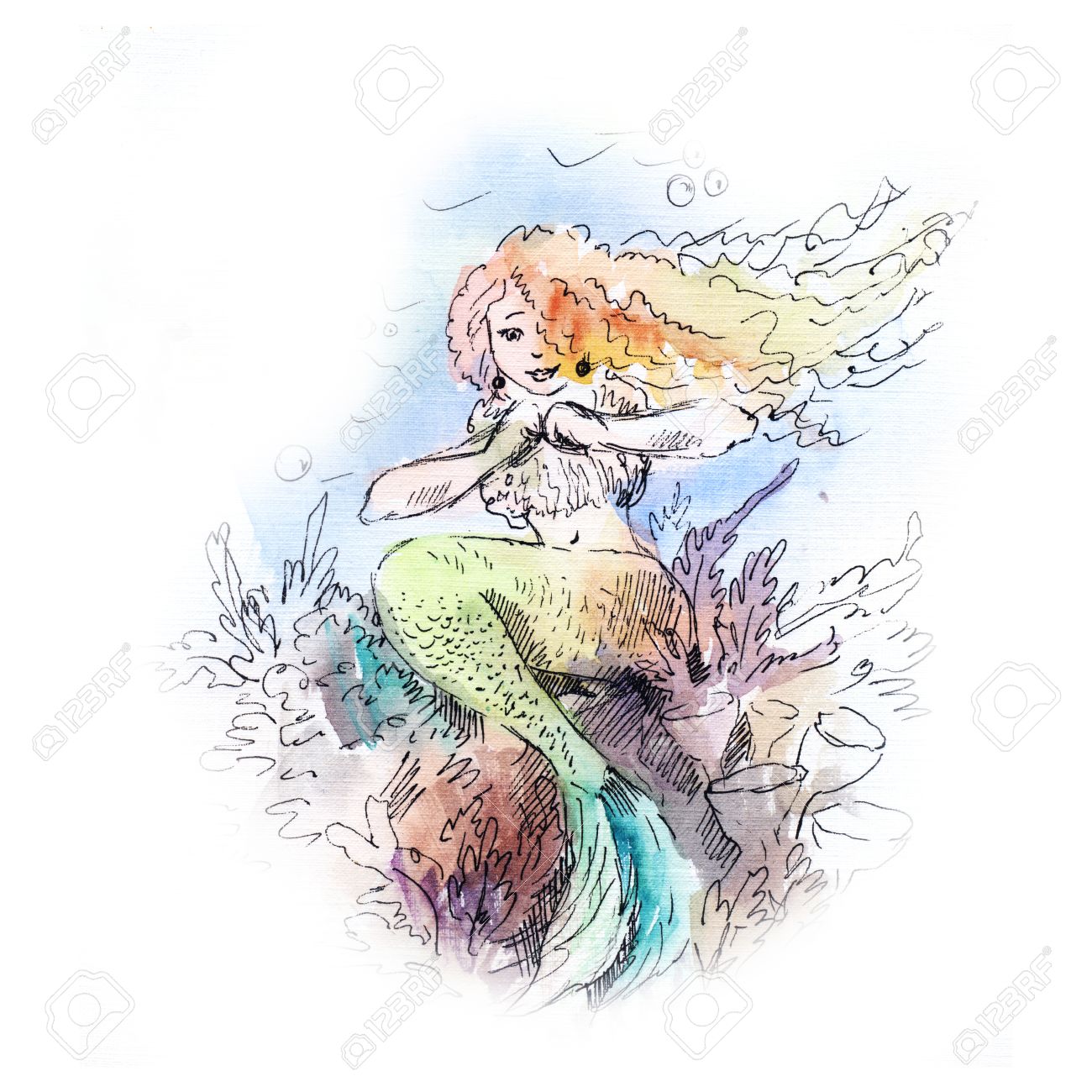 1300x1300 Mermaid Watercolor Painting, Sketch Of Siren, Drawing With Girl