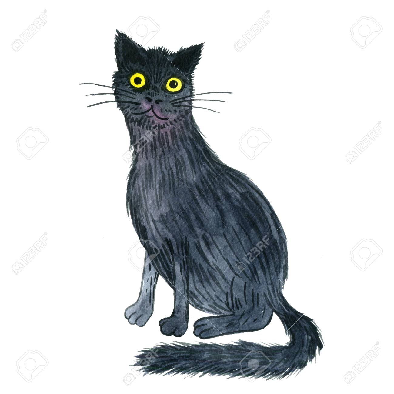 1300x1300 Watercolor Drawing Black Sitting Cat, Cartoon Animal, Halloween