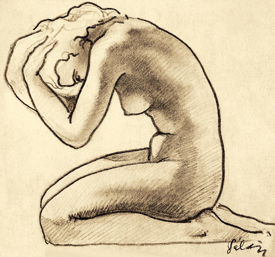 900x842 Sitting Woman Charcoal Drawing Drawing By Odon Czintos