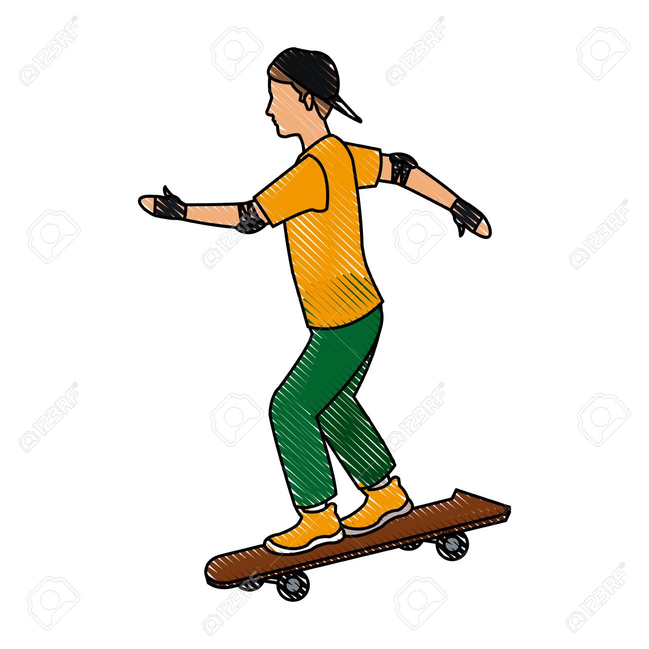 1300x1300 Drawing Young Guy Riding A Skateboard With Cap Gloves Vector