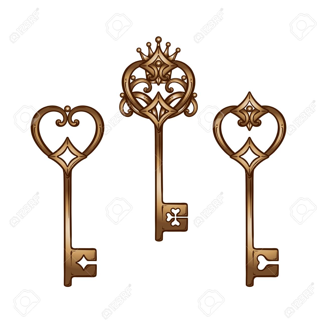 1300x1300 Vintage Heart Shaped Bronze Antique Skeleton Keys Set. Hand Drawn