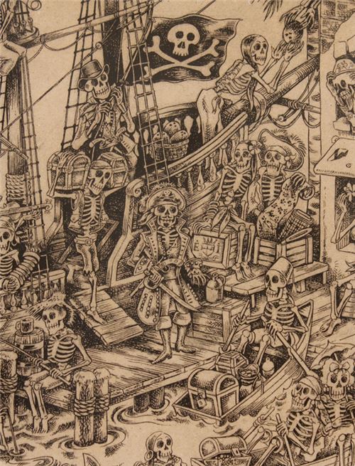 500x655 Brown Alexander Henry Fabric Pirate Skeleton Skelewags