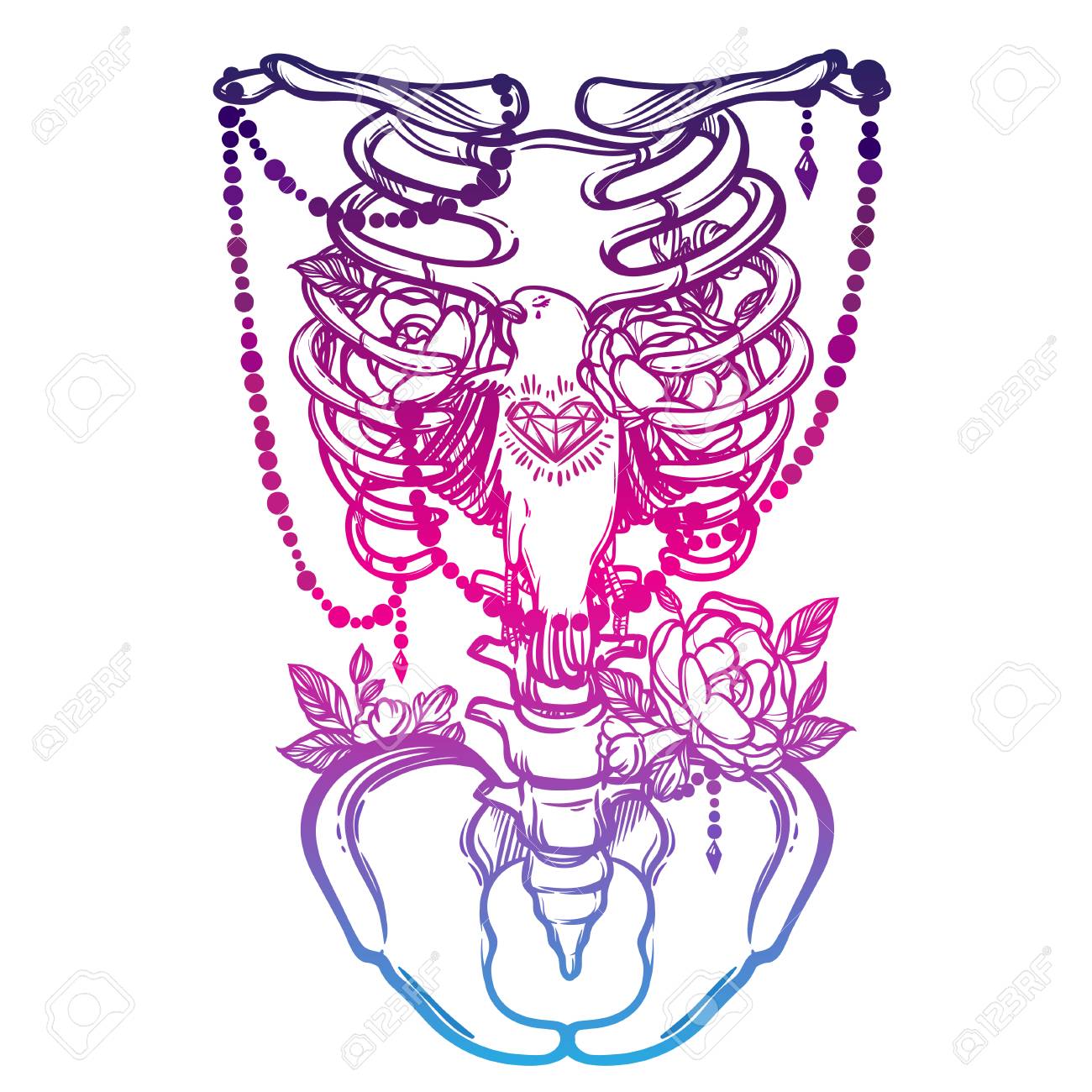 1300x1300 Skeleton Ribs, Bird And Flowers. Vintage Vector Illustration