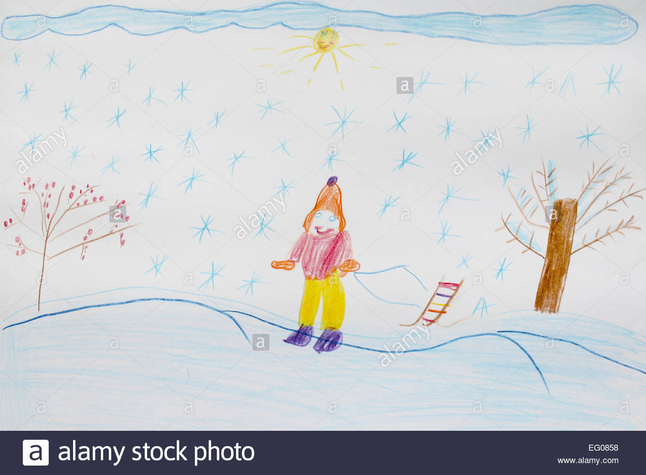 1300x956 Image Of Children's Drawing Of Skier Standing On The Ski Stock