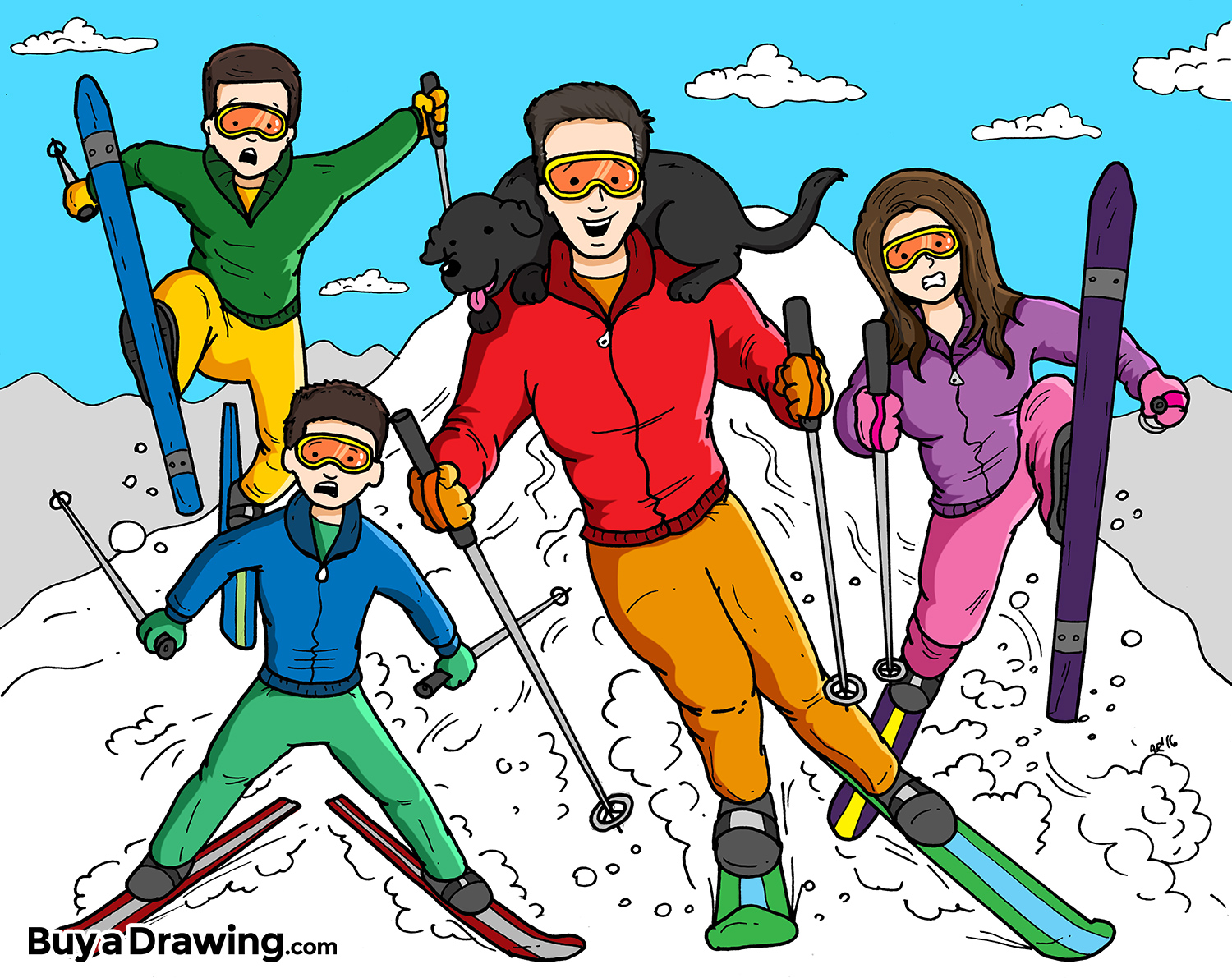 1500x1191 A Cartoon Drawing Of A Family Of Four Skiing Down A Hill