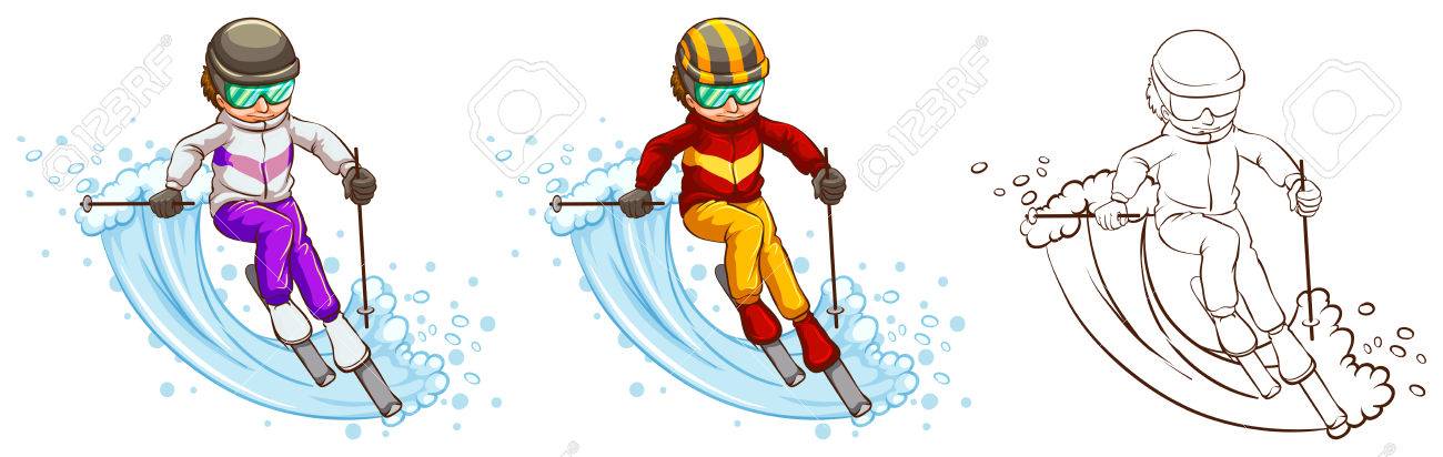 1300x412 Man Skiing In Three Different Drawing Styles Illustration Royalty