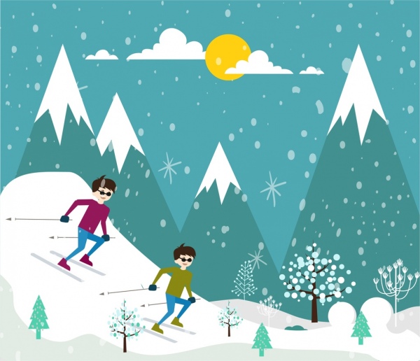 600x516 Skiing Sports Drawing Colorful Outdoor Cartoon Design Free Vector