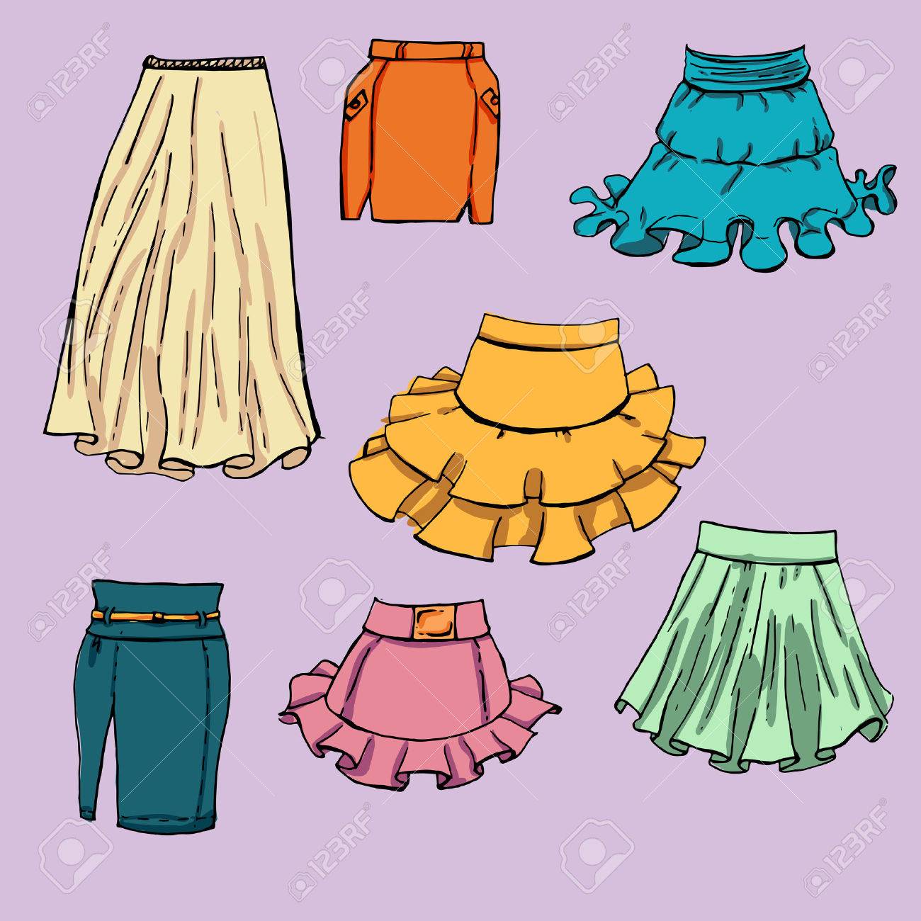 1300x1300 Fashion Set. Various Skirts. Illustration In Hand Drawing Style