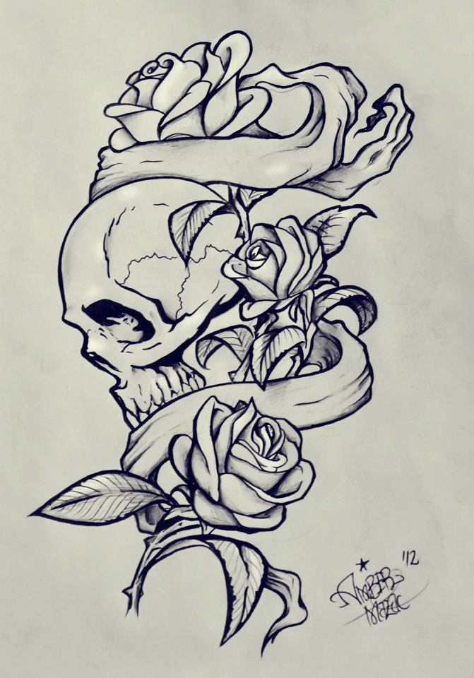 671x960 Skull And Rose Drawing