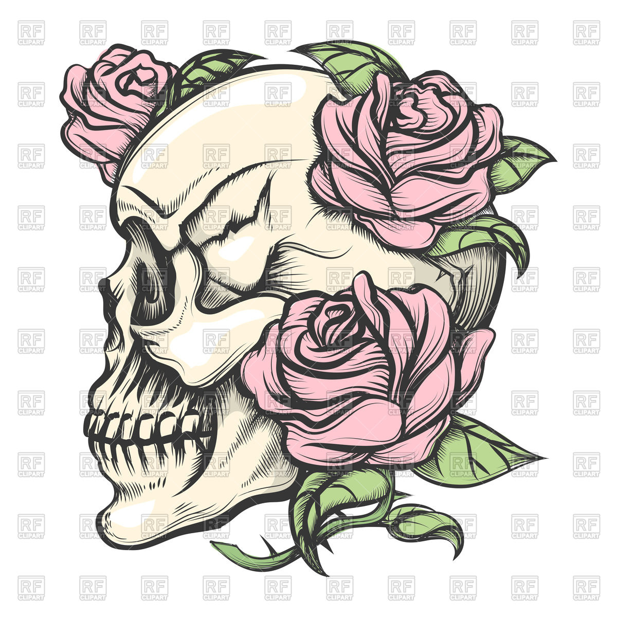 1200x1200 Human Skull With Roses Drawn In Tattoo Style Royalty Free Vector