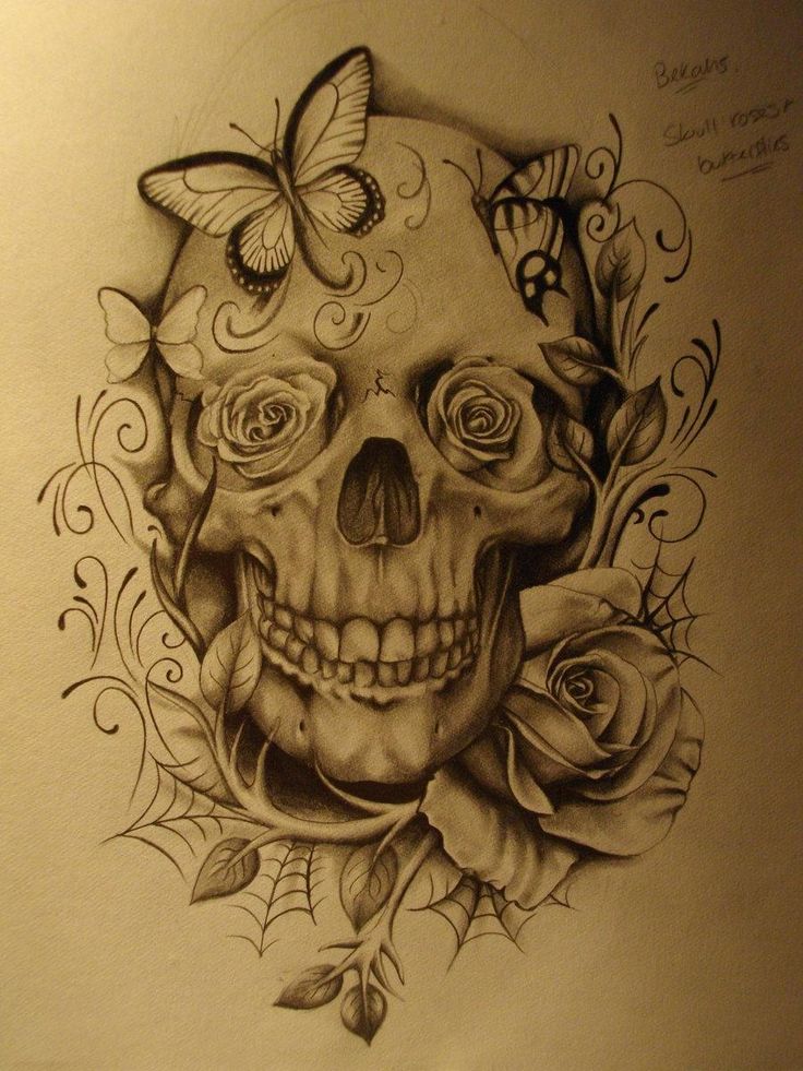 736x981 Skull, Roses, And Butterflies Tattoos Butterfly