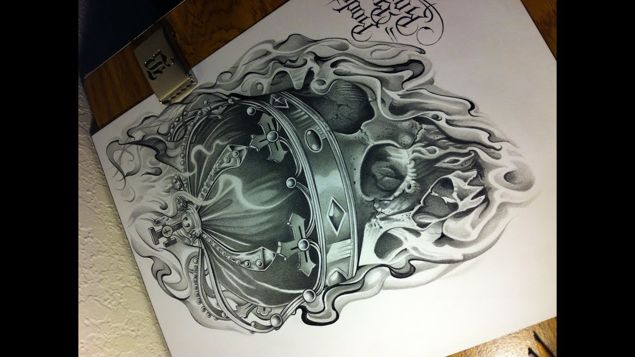 1280x720 Skull Drawing 3 Skullcrown Black And Gray Tattoo Style Art