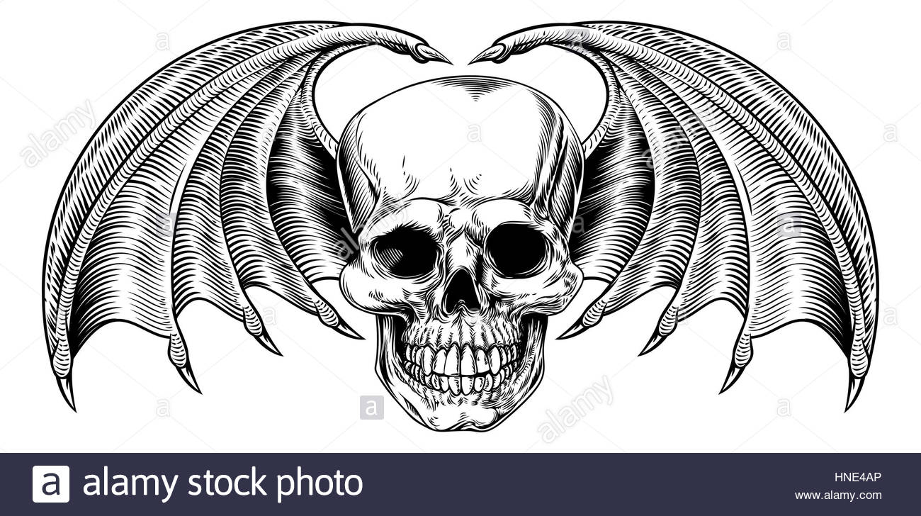 1300x728 A Winged Skull Drawing With Bat Or Dragon Wings In A Vintage Retro