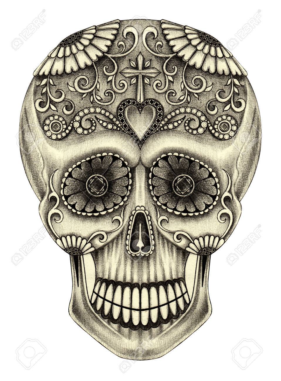 958x1300 Art Skull Head Day Of The Dead. Hand Pencil Drawing On Paper