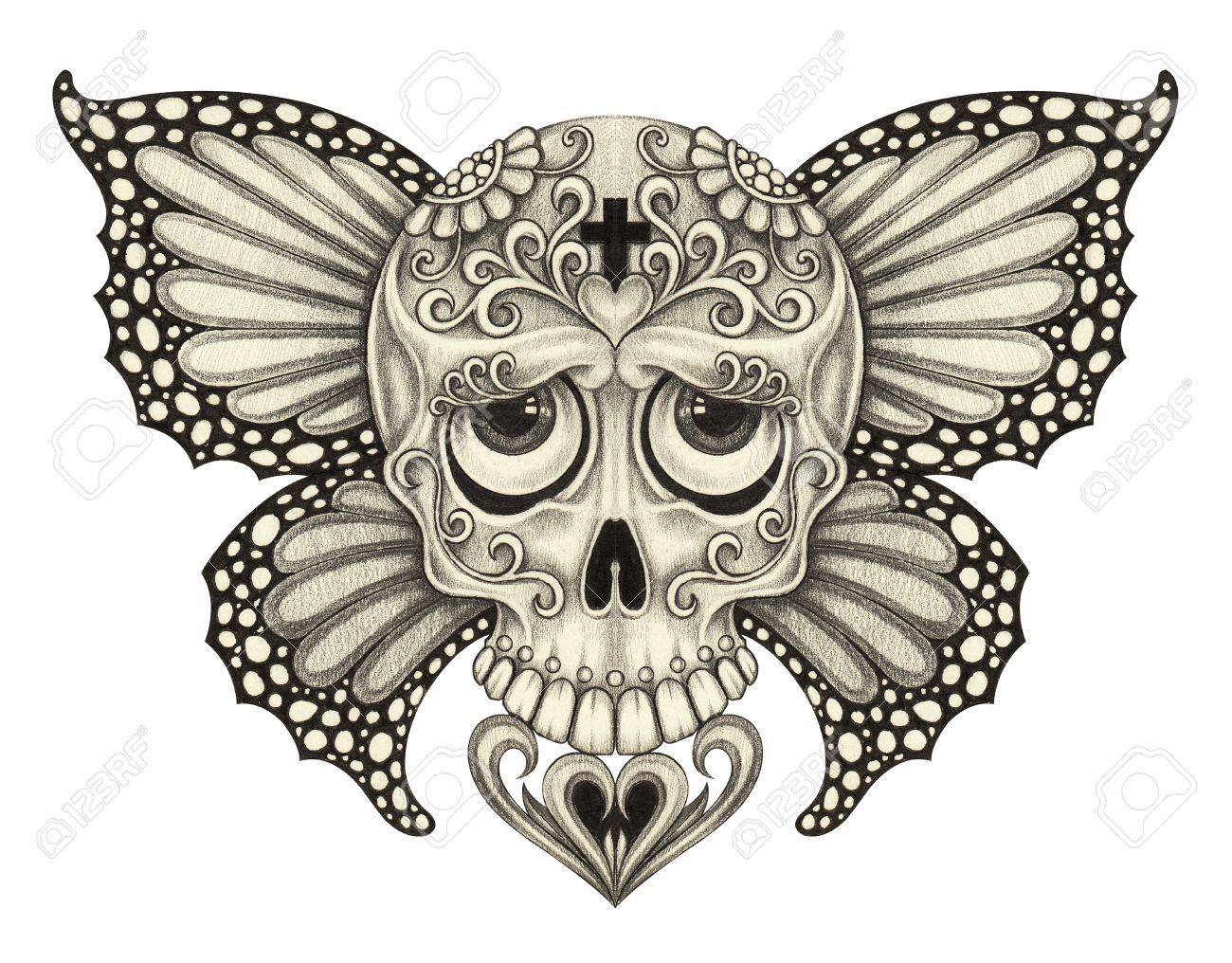 1300x1016 Skull Wings Butterfly Tattoo. Art Design Skull Head Mix Wings