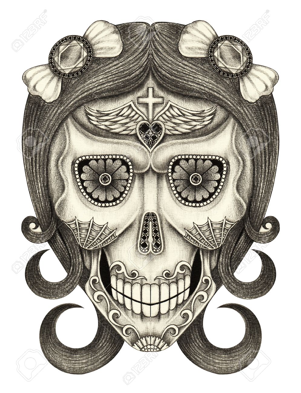 995x1300 Women Skull Head Day Of The Dead. Hand Pencil Drawing On Paper
