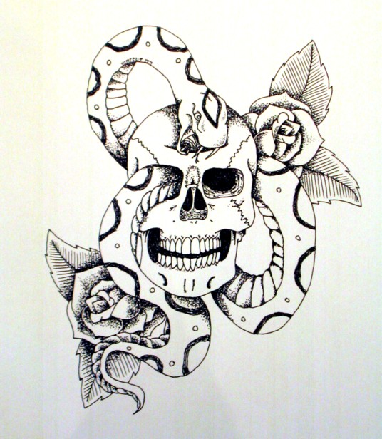 536x616 Skull Snake And Roses By Art Of Marcus