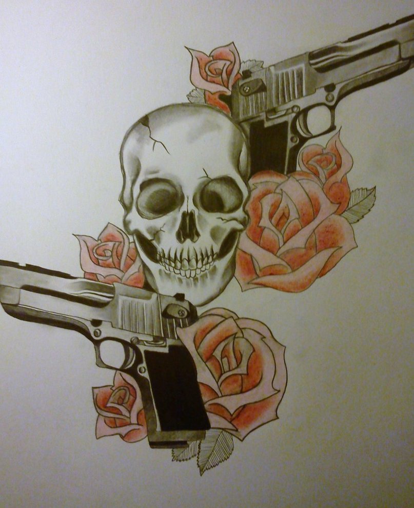807x990 Gun Skull With Roses By Waterfallbluff