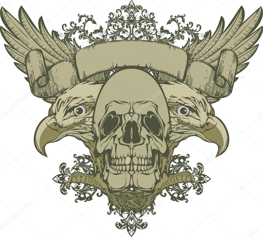 1024x921 Skull With Wings And Double Headed Eagle, Hand Drawing. Vector