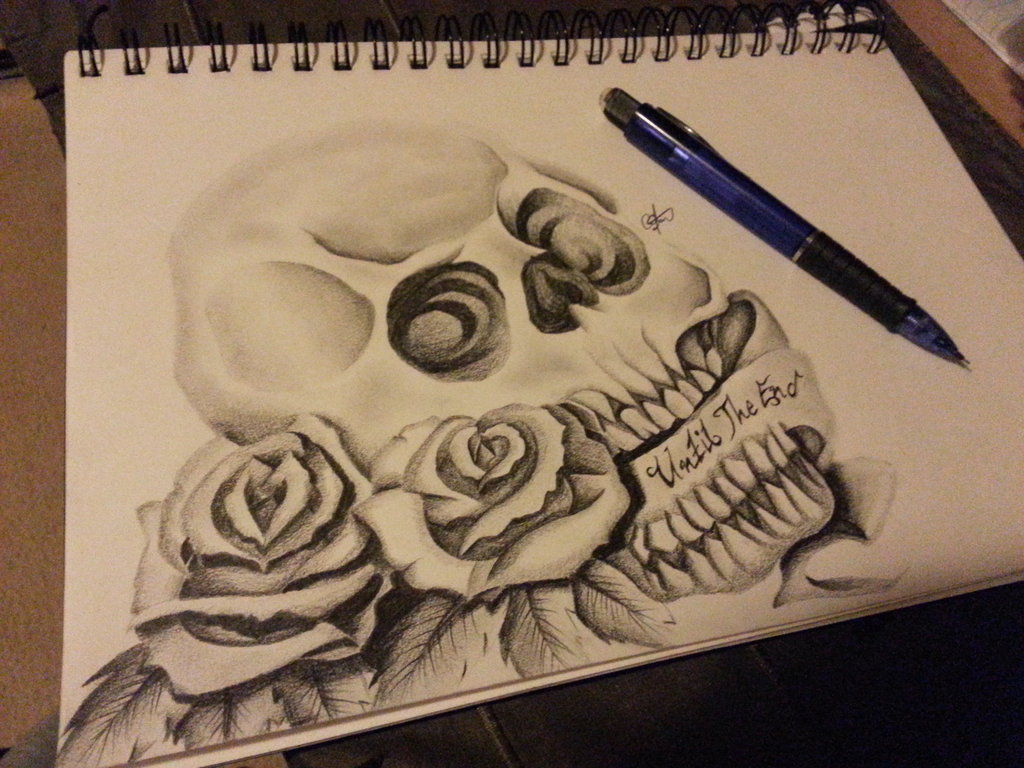 1024x768 Skull And Roses Tattoo Drawing By Cassandrawilson