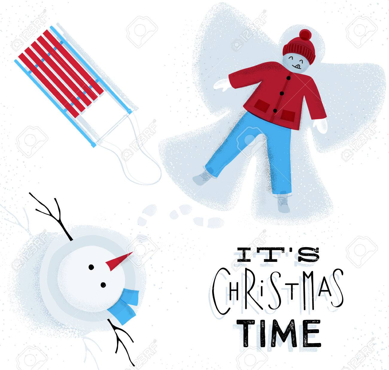 1300x1235 Its Christmas Time With Snow Man, Snow Angel And Sled Drawing