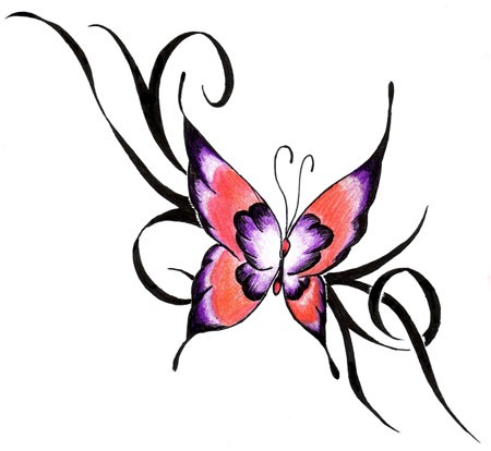 450x414 Nice Colored Small Butterfly Tattoo With Black Ink Tribal Elements