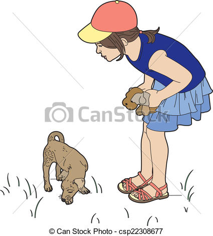425x470 Girl With A Small Dog. Vector A Little Girl And Her Dog