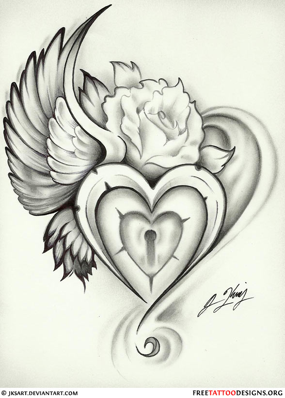 588x821 Wing Heart Lock Rose Tattoo Flash Tattoos Tattoo